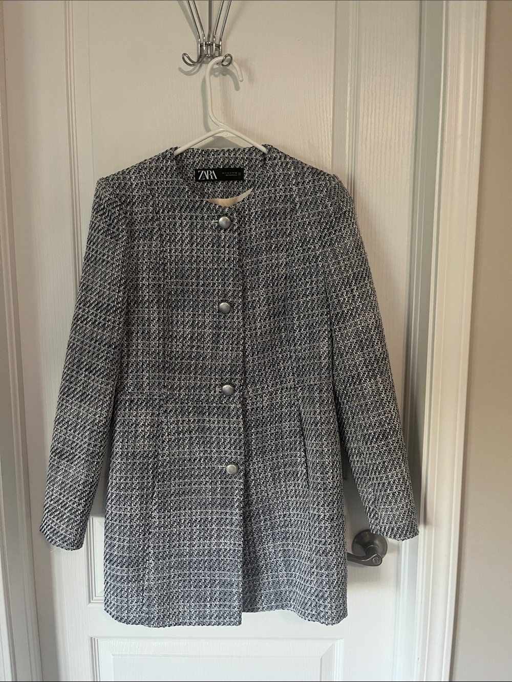 Zara Black and White Tweed Long Blazer Jacket